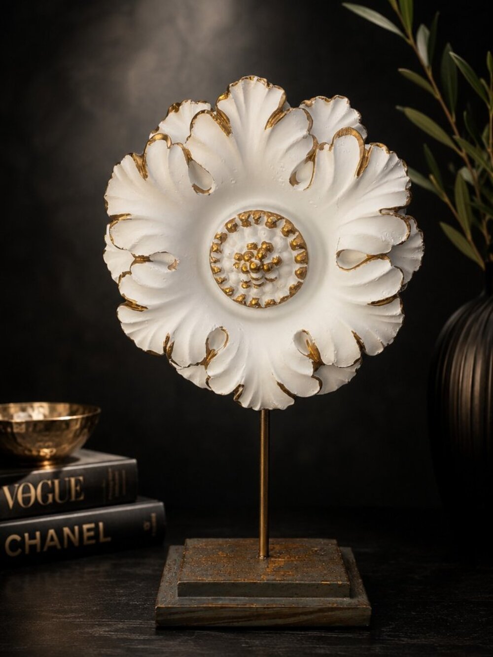 Large White Gilded Flower Sculpture  Wooden Stand Floral Art Display Decor